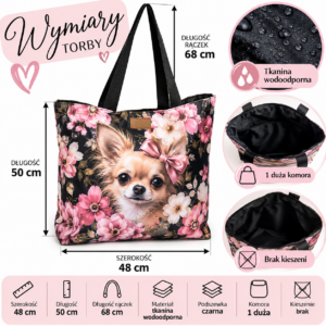 Infografika wymiarów kwiatowej torby psa